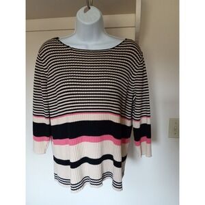 Villager Sport Woman Liz Claiborne Striped Knit Sweater Pink Black VLLU3067 J007